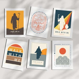 May include: A collection of six art prints with inspirational themes. Each print features a minimalist design with silhouettes, geometric shapes, and the phrase "Walk With Me" in various fonts. The color palette includes orange, blue, brown, and cream.