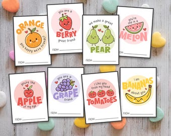 Kids' Printable Valentine's Day Cards with Cute Fruit | 2.75" x 3.75" | Digital Download | Funny Cartoon Puns | PDF