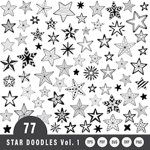 May include: A collection of 77 black and white star doodles in various designs. The stars range in size and style, with some featuring intricate patterns and others being solid. The text "77 STAR DOODLES Vol. 1" is at the bottom, along with file type icons.