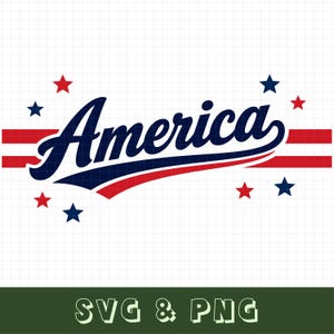 May include: A graphic design with the word "America" in navy blue script, underlined with red and blue. The design includes red and blue stars and stripes. The words "SVG & PNG" are at the bottom of the image.