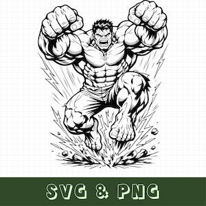 May include: Black and white illustration of the Hulk, a muscular superhero, jumping with fists raised. The image shows the Hulk's powerful physique, with detailed linework emphasizing muscles and action. Text at the bottom reads "SVG & PNG".