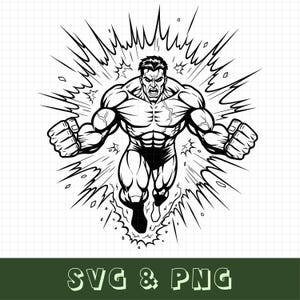 May include: Black and white illustration of a muscular superhero bursting forward with clenched fists. The image features a dynamic explosion effect around the figure, with the text "SVG & PNG" at the bottom.