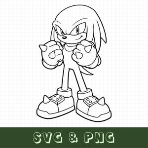 May include: Black and white line art of Knuckles the Echidna, a character from the Sonic the Hedgehog franchise. The character is in a fighting stance, with fists clenched. The image includes the text "SVG & PNG" at the bottom.