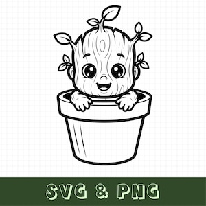 May include: Black and white illustration of a smiling, cartoon-style character with a wooden texture head and leaves sprouting from it, emerging from a flower pot. The image includes the text "SVG & PNG" at the bottom.