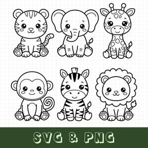 Könnte beinhalten: Schwarz-Weiß-Cartoon-Illustrationen von sechs Safari-Tieren: ein Tiger, ein Elefant, eine Giraffe, ein Affe, ein Zebra und ein Löwe. Der Text "SVG & PNG" steht unten. Geeignet für digitale Bastelarbeiten und Designs.