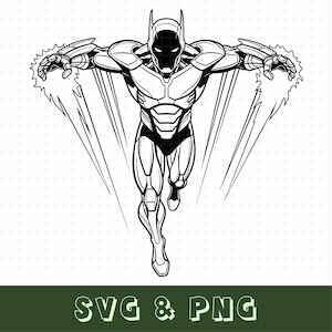 May include: Black and white illustration of a superhero in a dynamic pose, arms outstretched with energy bursts. The figure is clad in a detailed suit, with a bat-like cowl. The text "SVG & PNG" is at the bottom.
