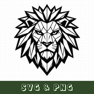 May include: A black and white graphic illustration of a lion head featuring sharp, angular geometric lines and a stylized mane. The design is presented on a grid background with the text SVG & PNG displayed in white at the bottom of the image.