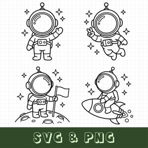 Puede incluir: Un conjunto de cuatro ilustraciones de arte lineal en blanco y negro con astronautas en varias poses, incluyendo saludando, haciendo el signo de la paz, de pie en una luna con cráteres con una bandera y montando un cohete, con el texto SVG & PNG.