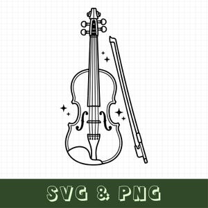 Puede incluir: Una ilustración de arte lineal en blanco y negro de un violín y un arco. El violín presenta diapasón, puente, cordal y mentonera. Cuatro pequeños iconos de estrellas de cuatro puntas rodean el instrumento. El texto SVG & PNG está debajo.
