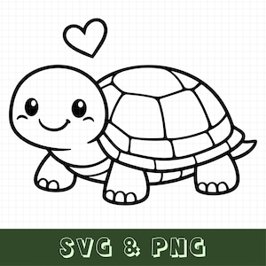 Puede incluir: Ilustración de dibujos animados en blanco y negro de una tortuga sonriente con un corazón sobre su cabeza. La tortuga tiene un caparazón segmentado y cuatro patas. El texto "SVG & PNG" está en la parte inferior de la imagen.