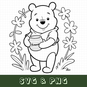 May include: Black and white line art of a smiling bear holding a honey pot labeled "Hunny". The bear is surrounded by a floral wreath with flowers and leaves. The words "SVG & PNG" are at the bottom.