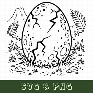 May include: A black and white line art illustration of a large, cracked dinosaur egg with spotted patterns, situated in a prehistoric landscape featuring a volcano, ferns, and grass. The text SVG & PNG is displayed at the bottom.