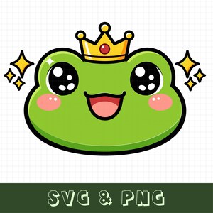 May include: A digital illustration of a green frog face with large black eyes, pink cheeks, and a wide smiling mouth. The frog wears a yellow crown with a red gem. Four-pointed yellow stars flank the sides. The text SVG & PNG appears below.