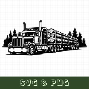 May include: Black and white illustration of a semi-truck hauling logs. The truck has a large cab with a grill and two exhaust stacks. The trailer is loaded with several logs. The background features pine trees. The text "SVG & PNG" is at the bottom.