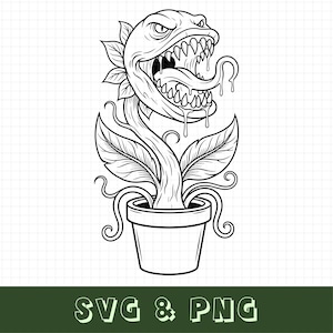 Puede incluir: Ilustración en blanco y negro de una planta carnívora con una boca grande y dentada y una larga lengua. La planta está en una maceta, con el texto "SVG & PNG" en la parte inferior.