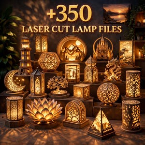Puede incluir: Una colección de lámparas cortadas con láser con diseños variados, incluyendo un faro, un castillo y formas geométricas. Las lámparas están iluminadas, mostrando patrones intrincados. El texto "+350 LASER CUT LAMP FILES" se muestra en la parte superior.