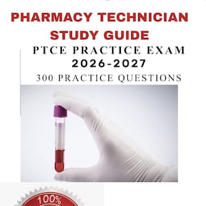 Może przedstawiać: Podręcznik do egzaminu dla techników farmacji PTCE 2026-2027 zawierający 300 pytań praktycznych. Okładka ma czerwono-biały wzór, zdjęcie dłoni w rękawiczce trzymającej probówkę z krwią oraz pieczęć gwarancji zdania egzaminu na dole strony.