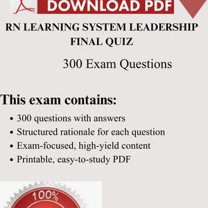 May include: A digital document titled RN LEARNING SYSTEM LEADERSHIP FINAL QUIZ with 300 Exam Questions. It features a red DOWNLOAD PDF button, a list of exam contents, and a circular red badge stating 100% PASS GUARANTEE by AKEBOOKSUS.