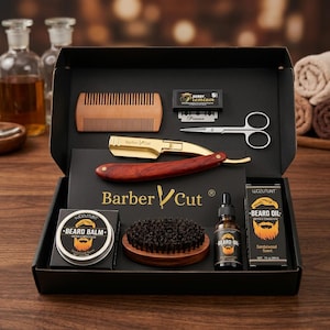 Shaving/grooming and care kit - gift set - straight razor for moustache trimming set with oil, brush, comb, balm and scissors