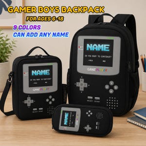 Personalisiertes Gamer-Rucksack-Set für Jungen, 3-teiliger Schulrucksack mit Brotdose und Federmäppchen, individueller Name, Alter 6-18 Jahre