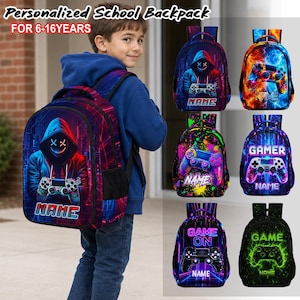 Personalized Game Backpack, Custom Name Gamer School Bag for Boys Teens, Neon Gaming Controller Backpack, Back to School Gift