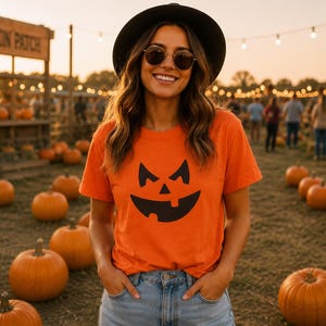 Peut inclure: Un t-shirt orange à manches courtes orné d'un motif noir représentant un visage de citrouille d'Halloween avec une bouche dentelée et des yeux triangulaires, porté avec un jean bleu clair, un chapeau noir à larges bords et des lunettes sombres.
