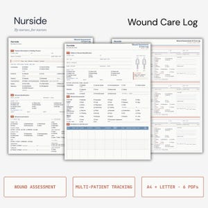 Peut inclure: Un ensemble de documents Nurside Wound Care Log comprenant des sections pour les informations patient, l'identification et l'évaluation des plaies. Les formulaires incluent des cases à cocher pour les facteurs médicaux et le suivi.