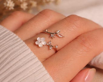 スターリングシルバー製モップフラワーリング、ローズゴールドメッキ、調節可能なフローラルジュエリー