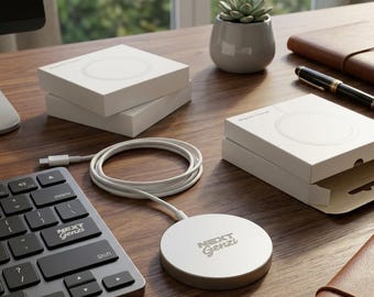 Cargador inalámbrico para teléfono. Estación de carga para iPhone Next Genzi. Cargador minimalista blanco.