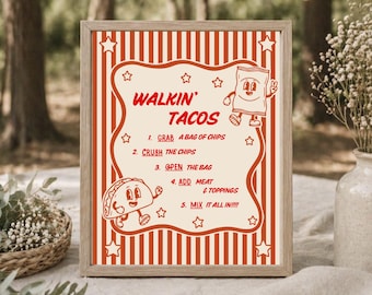 Orange Walking Tacos Sign, Fun Taco Bar Template, Modern Animated, Digital Canva Download