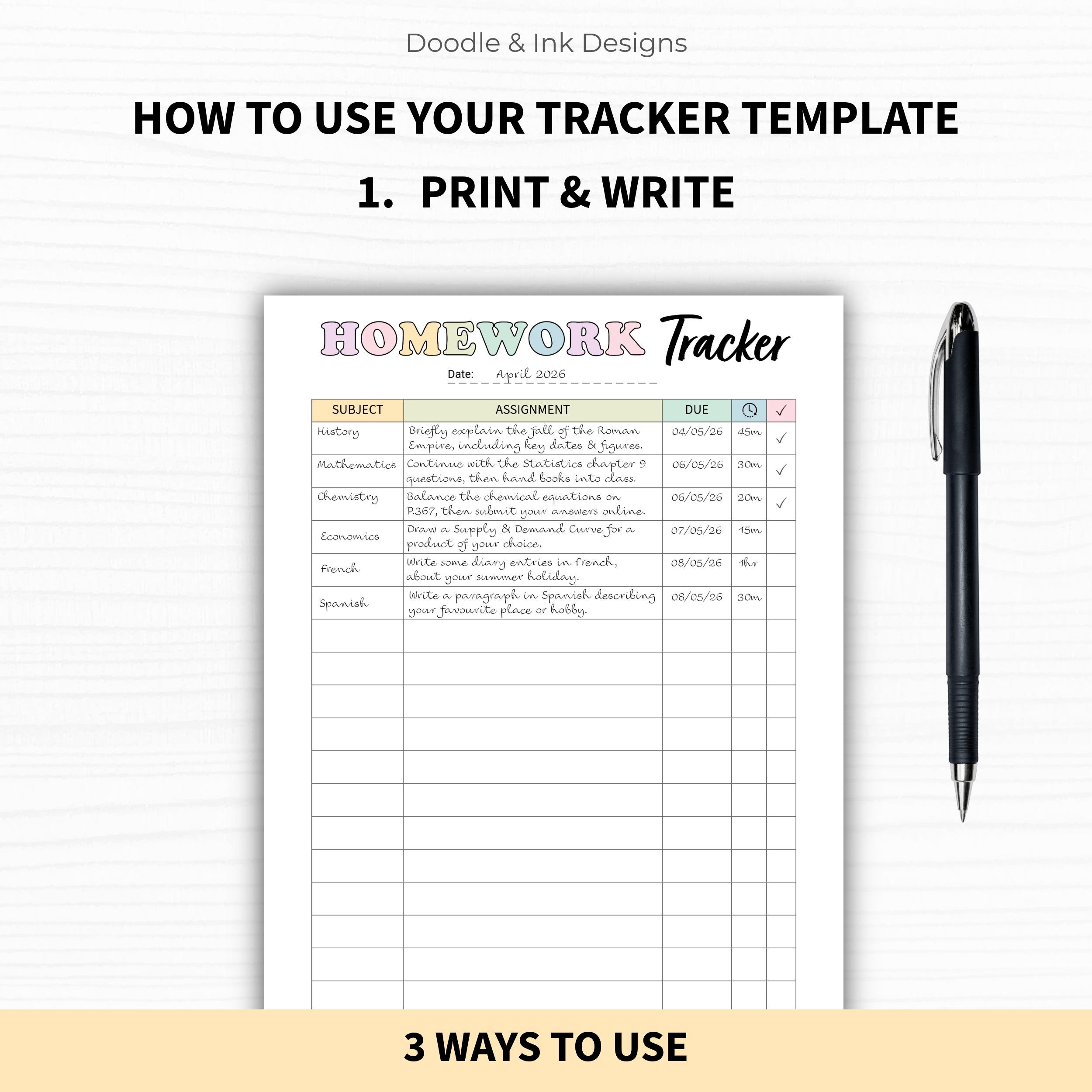 Homework Tracker Printable | Assignment Study Planner | Student School ...