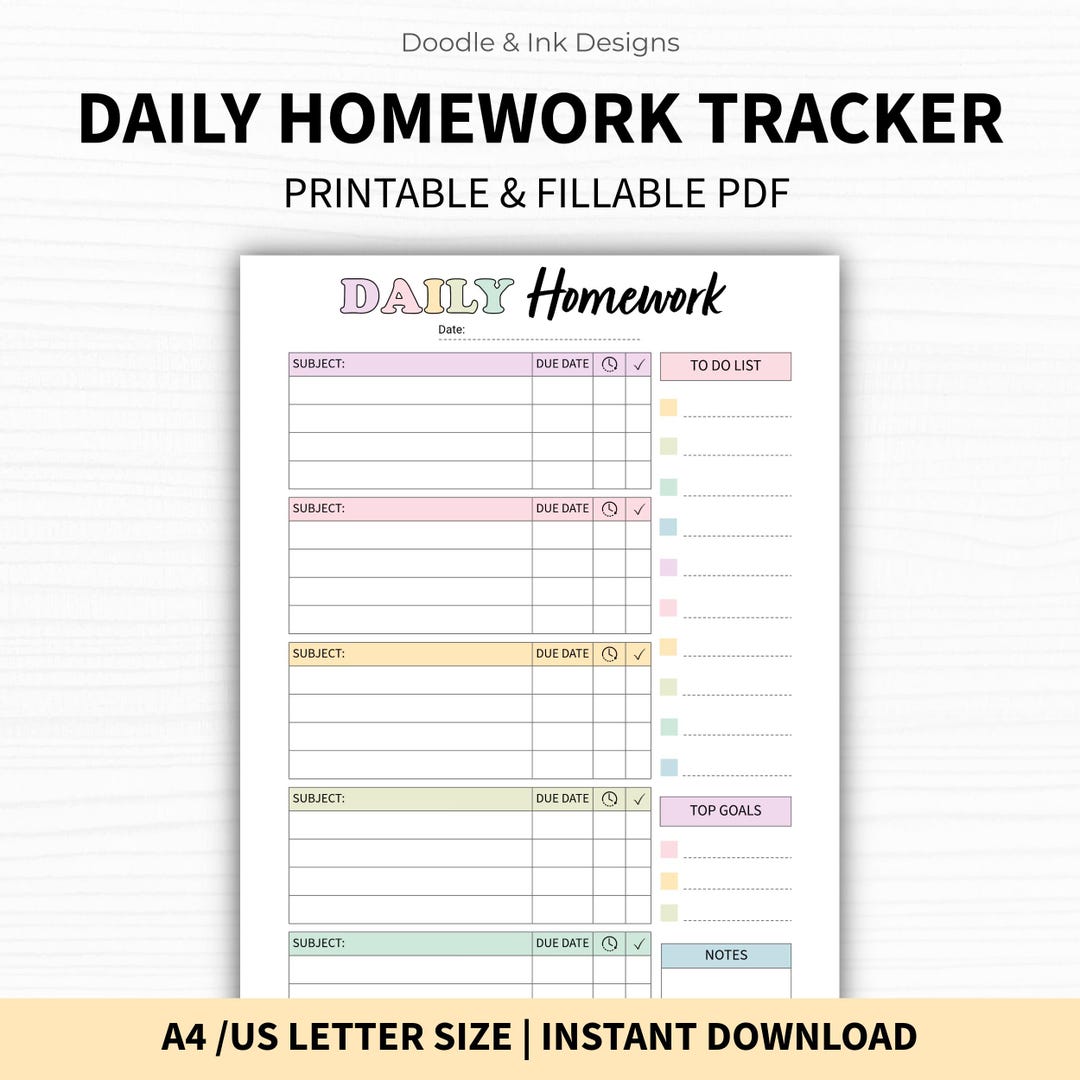 Daily Homework Tracker Printable Fillable PDF | Assignment Organizer by ...