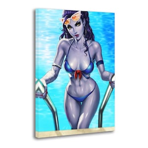 May include: A canvas print of a woman in a blue bikini and sunglasses, emerging from a pool. The artwork features a stylized illustration with a blue and red color scheme, and a light blue background.