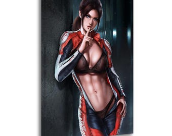 Claire Redfield con traje de carreras, pintura secreta de Resident Evil sobre lienzo, póster decorativo para pared, ideal para sala de estar o decoración del hogar.