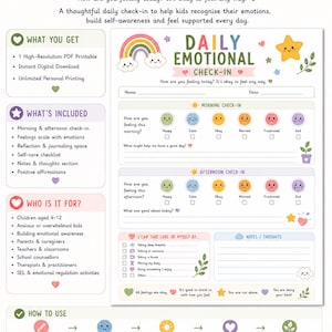 May include: A printable daily emotional check-in chart for children featuring a rainbow, clouds, and a star. The document includes morning and afternoon sections with emoji-style faces representing various feelings, a self-care checklist, and notes.