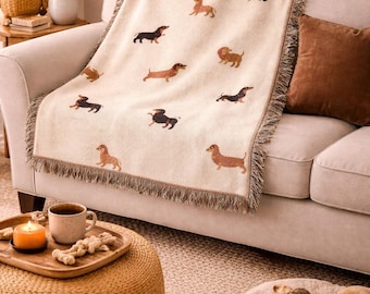 Dachshund Woven Blanket | Sausage Dog Illustrations, Neutral Pet Lover Throw