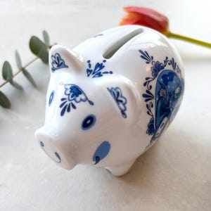 Vintage Ritzenhoff Piggy Bank, Blue White Delft Porcelain Coin Bank, Mini Ceramic Money Box