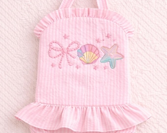 Baby Girl Swimsuit | Embroidered Seersucker One Piece | Ruffle Infant Bathing Suit | Boutique Baby Swimwear | Summer Baby Outfit