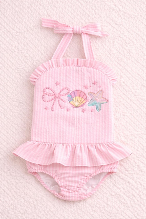 Baby Girl Swimsuit | Embroidered Seersucker One Piece | Ruffle Infant Bathing Suit | Boutique Baby Swimwear | Summer Baby Outfit