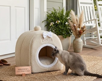 Cama cueva para gatos de bouclé personalizada, nido para perros con nombre personalizado, casa de lujo para mascotas con forro de sherpa, cama para mascotas de estética minimalista, regalo único para la dueña de la mascota.