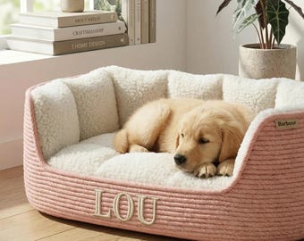 Anpassad jute hund- och kattbädd med namnlapp i läder, tvättbar plyschkudde, estetisk husdjurskorg