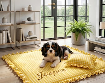 Alfombra de gato con estampado de cuadros vichy y almohada a juego, cama para mascotas con borde de volantes personalizado, almohadilla para perros bordada a medida, regalo de lujo para mamás y papás de gatos.