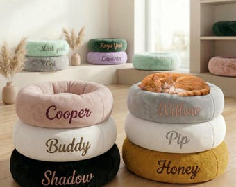 Cama antiestrés personalizada para mascotas, cama para perros con nombre bordado personalizado, cama relajante lavable para gatos, idea de regalo de cumpleaños única para mascotas