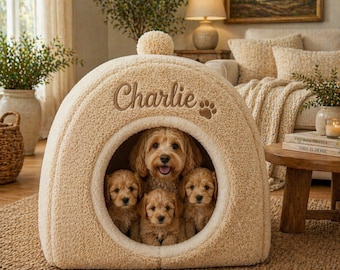 Cama cueva para gatos de bouclé hecha a medida, casa de lujo para perros y gatos de sherpa, nido estético personalizado para mascotas con nombre, muebles elegantes, regalo único para mamá.