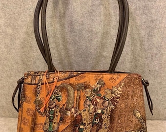 Bolso de hombro vintage Pineda Covalin, colorido, original y único, 100% seda y cuero.