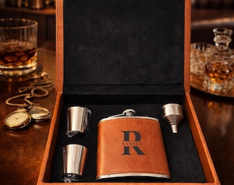 Personalised Hip Flask Set Gift, 6oz Stainless Steel With Cups, Laser Engraving Gift
