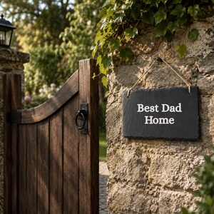 Puede incluir: Un letrero rectangular de pizarra negra con bordes rugosos e irregulares que cuelga de una cuerda. El letrero presenta el texto blanco "Best Dad Home" en una fuente clara sin remates. Est&aacute; suspendido contra un muro de piedra texturizada.