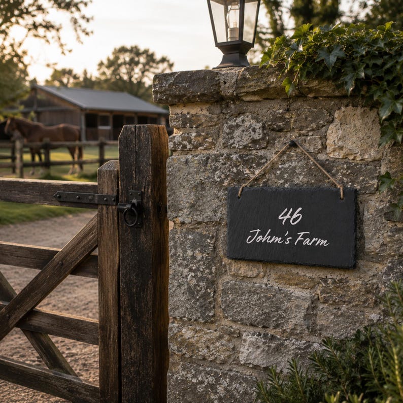 Puede incluir: Un letrero rectangular de pizarra gris oscuro colgado de una cuerda, con el texto grabado en blanco 46 John's Farm. El letrero est&aacute; montado en un pilar de piedra texturizada junto a una puerta de madera, con un farol sobre la estructura.