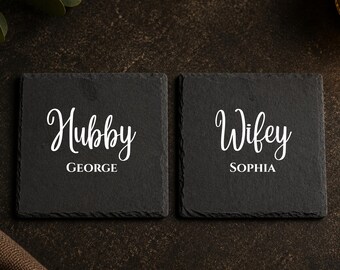 Posavasos personalizado para parejas, posavasos de whisky grabado, regalo de pizarra para amantes de las bebidas.