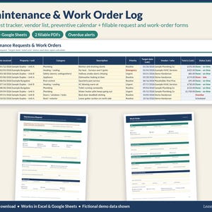 Può includere: Un modello digitale di registro di manutenzione e ordini di lavoro che include un foglio di calcolo con colonne per dettagli, priorità e stato, insieme a due moduli PDF compilabili con intestazioni blu scuro e color crema.